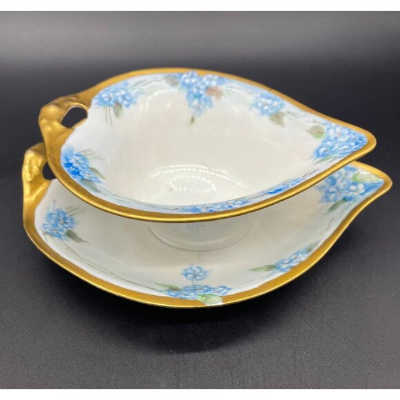 Antique Gravy Boat Under Plate Sauce Weimar Germany Blue Forget Me Not Floral - Picture 2 of 10